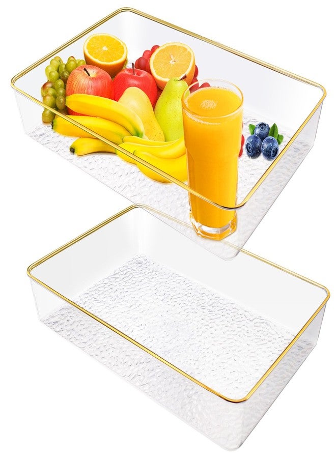 Roucerlin 2 Pieces Plastic Deep Serving Tray 8.5 x 12.4 x 1.9 in, Gold Rim Decorative Storage Tray, Clear Dishes Ottoman Platters for Serving Food Party Breakfast Kitchen Bathroom Coffee Table (2 Pieces) - Image 1