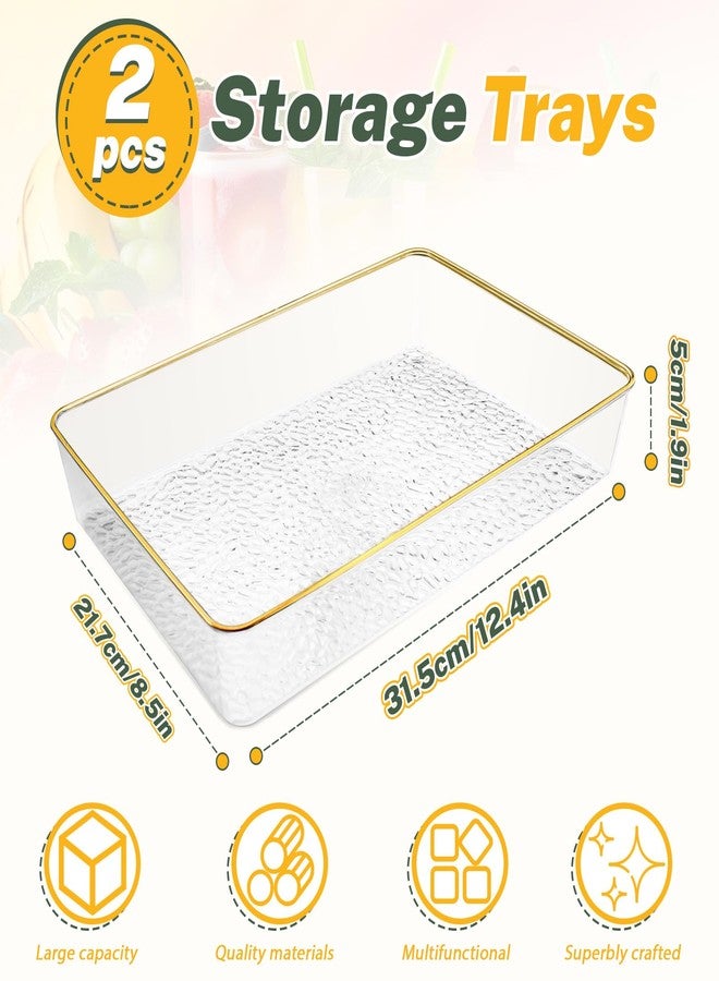 Roucerlin 2 Pieces Plastic Deep Serving Tray 8.5 x 12.4 x 1.9 in, Gold Rim Decorative Storage Tray, Clear Dishes Ottoman Platters for Serving Food Party Breakfast Kitchen Bathroom Coffee Table (2 Pieces) - Image 2