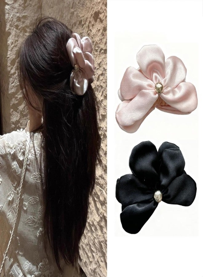 Melodio 2Pcs Satin Flower Hair Claw Clips - Elegant Hair Accessories for Women, Strong Hold Jaw Clips for Bun/Updo Hairstyles (Pink & Black) - Image 1