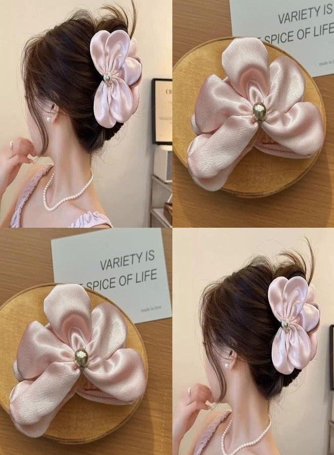 Melodio 2Pcs Satin Flower Hair Claw Clips - Elegant Hair Accessories for Women, Strong Hold Jaw Clips for Bun/Updo Hairstyles (Pink & Black) - Image 3