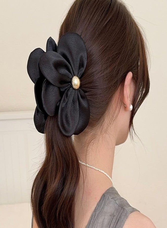 Melodio 2Pcs Satin Flower Hair Claw Clips - Elegant Hair Accessories for Women, Strong Hold Jaw Clips for Bun/Updo Hairstyles (Pink & Black) - Image 4