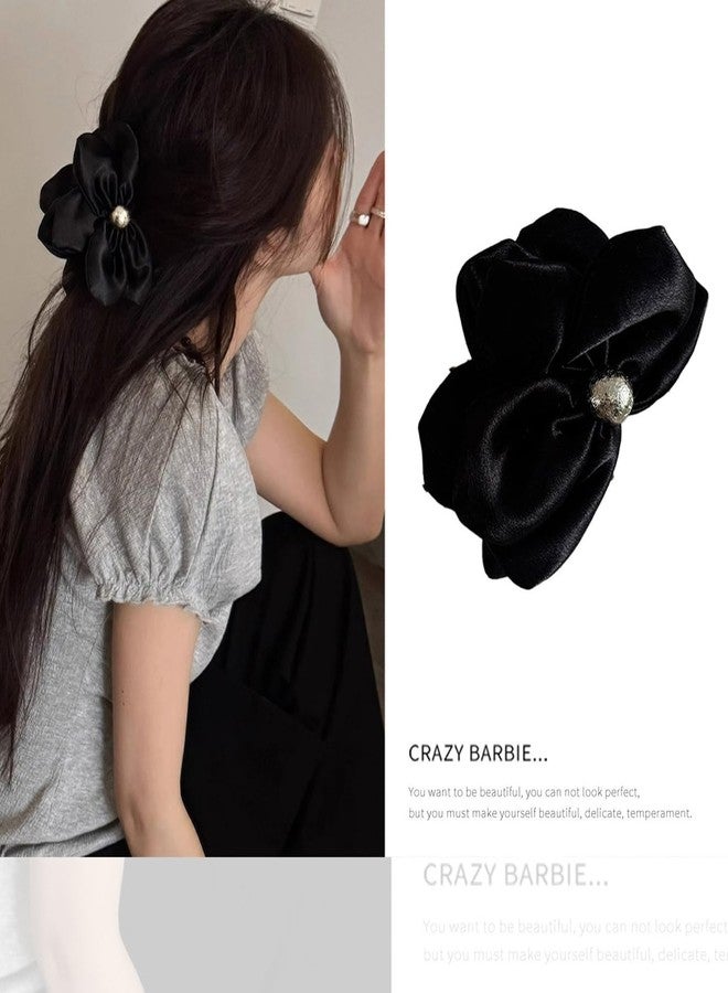 Melodio 2Pcs Satin Flower Hair Claw Clips - Elegant Hair Accessories for Women, Strong Hold Jaw Clips for Bun/Updo Hairstyles (Pink & Black) - Image 2