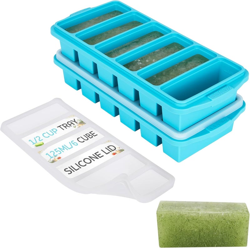 Xomoo 1/2 Cup Silicone Freezer Tray With Lid - Silicone Freezer Molds 2-Pack For meal prep & freezing of various sauces and other dishes, makes 12 perfect 1/2 cup portions cubes,oven and dishwasher safe - Image 1