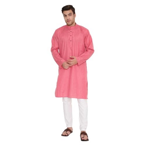Maharaja Men’s Kurta Pyjama Set – Poly Viscose, Regular Fit, Striped Design in Dark Pink – Indian Outfit for Men [MSKP218-36] - Image 1