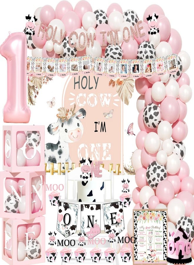 Hombae Holy Cow Im One Birthday Decorations Girl, Cow First Party Decorations, Pink Moo Backdrop Balloon Banners Cutout Cake Cupcake Topper Box Crown Poster for Girls Pink 1st Birthday Supplies - Image 1
