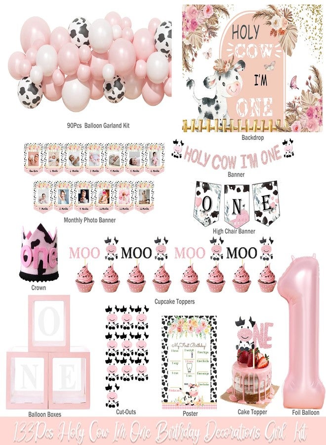Hombae Holy Cow Im One Birthday Decorations Girl, Cow First Party Decorations, Pink Moo Backdrop Balloon Banners Cutout Cake Cupcake Topper Box Crown Poster for Girls Pink 1st Birthday Supplies - Image 2