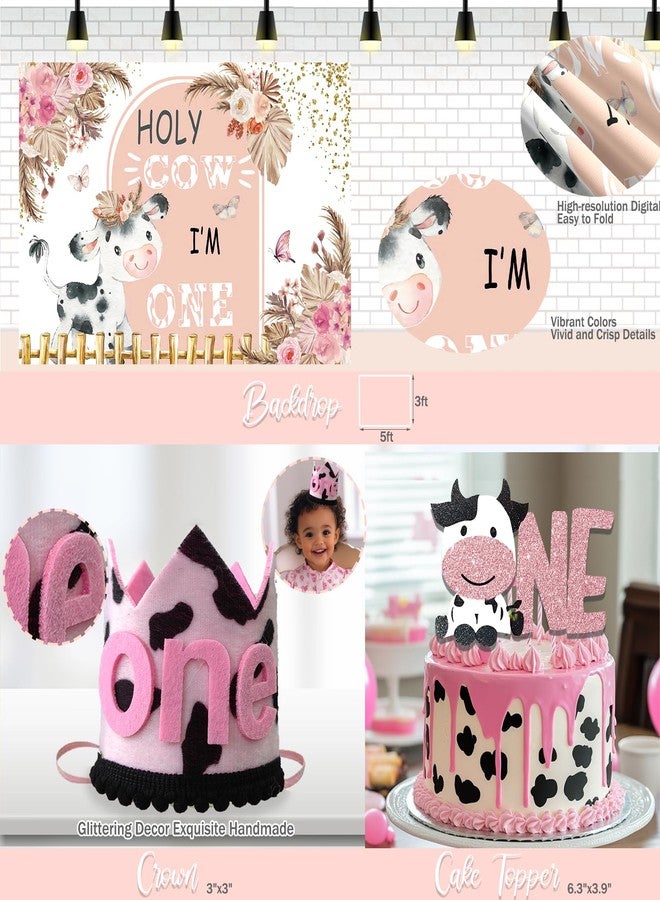 Hombae Holy Cow Im One Birthday Decorations Girl, Cow First Party Decorations, Pink Moo Backdrop Balloon Banners Cutout Cake Cupcake Topper Box Crown Poster for Girls Pink 1st Birthday Supplies - Image 4