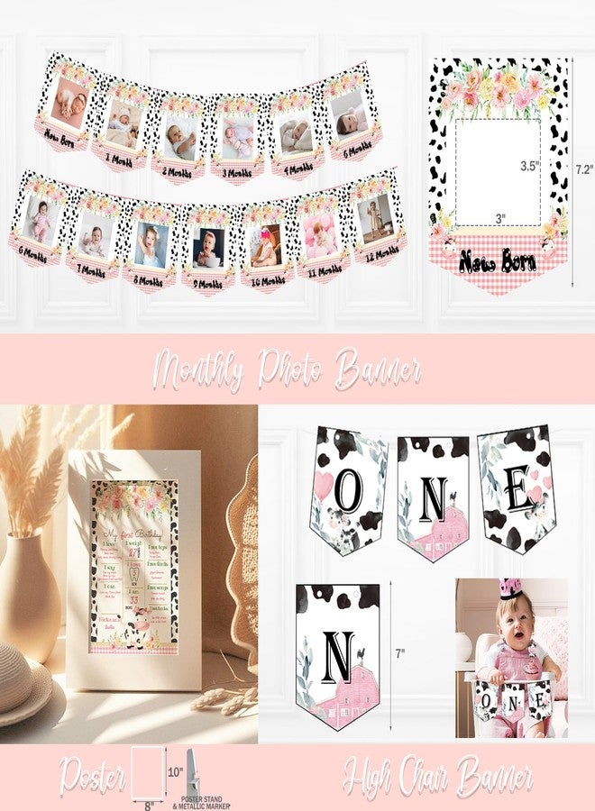 Hombae Holy Cow Im One Birthday Decorations Girl, Cow First Party Decorations, Pink Moo Backdrop Balloon Banners Cutout Cake Cupcake Topper Box Crown Poster for Girls Pink 1st Birthday Supplies - Image 5