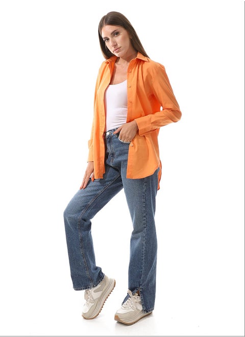 Plain Basic Long Buttons Orange Shirt_Orange