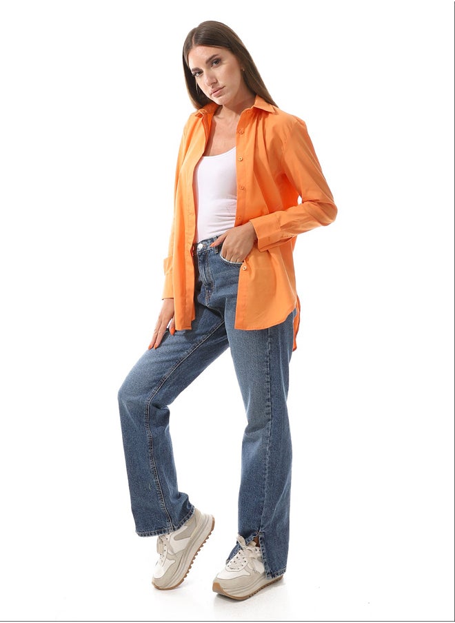 Andora - Plain Basic Long Buttons Orange Shirt_Orange - Image 1