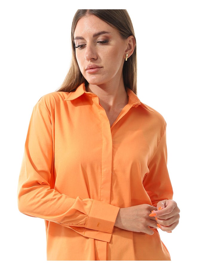 Andora - Plain Basic Long Buttons Orange Shirt_Orange - Image 1