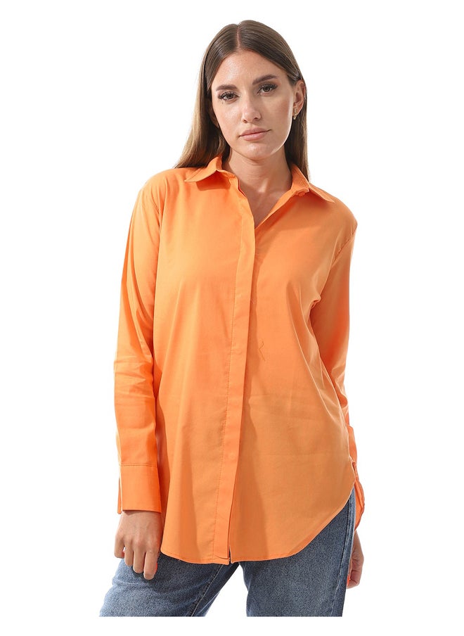 Andora - Plain Basic Long Buttons Orange Shirt_Orange - Image 1