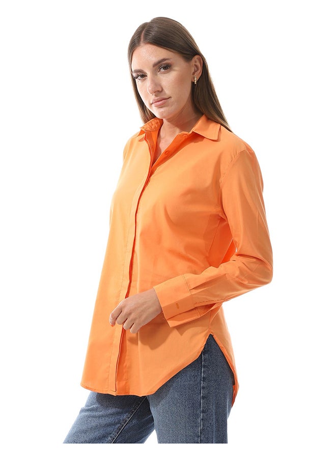 Andora - Plain Basic Long Buttons Orange Shirt_Orange - Image 1