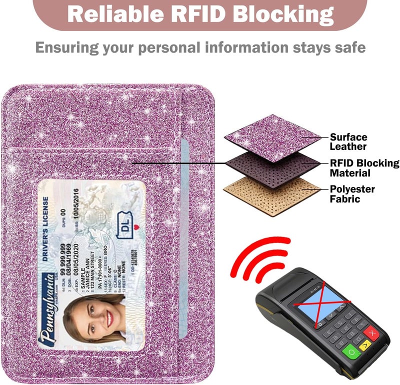 Hot Cool Card Holder Wallet Front Pocket Minimalist Travel Cute Funny Thin Leather With RFID Blocking Small Credit Card Holder Wallet for Men & Women Girls Organizer Gifts, Glitter Purple - Image 5