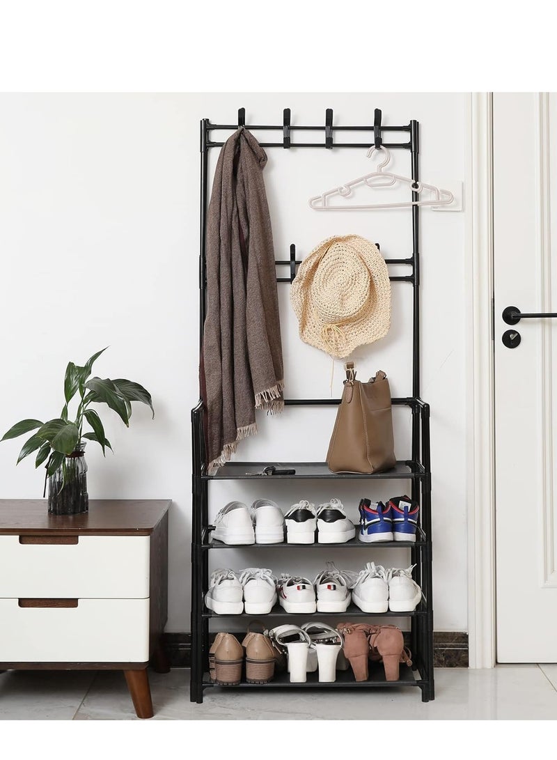 𝐅𝐅𝐃 3‑in‑1 Standing Coat Rack Shoe Bench – 8 Hooks & 4‑Tier Shelf Entryway Organizer – Heavy‑Duty Powder‑Coated Steel, Vertical Space‑Saver, Black” - Image 1