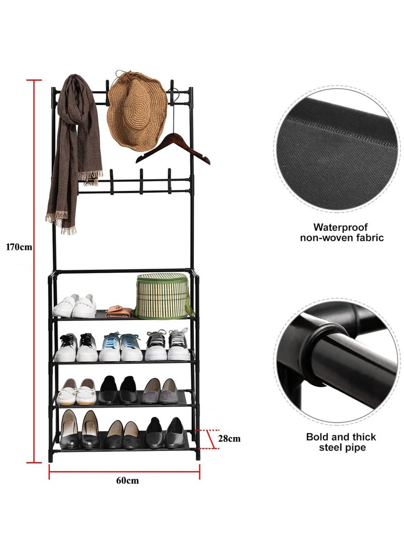 𝐅𝐅𝐃 3‑in‑1 Standing Coat Rack Shoe Bench – 8 Hooks & 4‑Tier Shelf Entryway Organizer – Heavy‑Duty Powder‑Coated Steel, Vertical Space‑Saver, Black” - Image 2