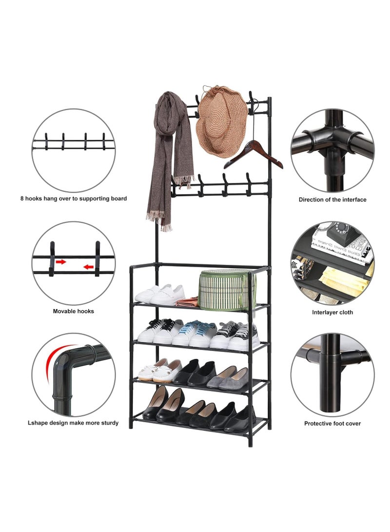 𝐅𝐅𝐃 3‑in‑1 Standing Coat Rack Shoe Bench – 8 Hooks & 4‑Tier Shelf Entryway Organizer – Heavy‑Duty Powder‑Coated Steel, Vertical Space‑Saver, Black” - Image 3