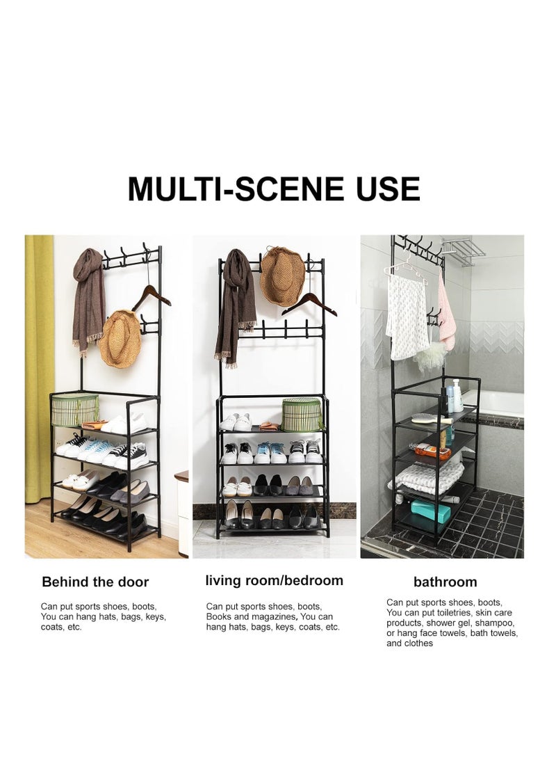 𝐅𝐅𝐃 3‑in‑1 Standing Coat Rack Shoe Bench – 8 Hooks & 4‑Tier Shelf Entryway Organizer – Heavy‑Duty Powder‑Coated Steel, Vertical Space‑Saver, Black” - Image 4