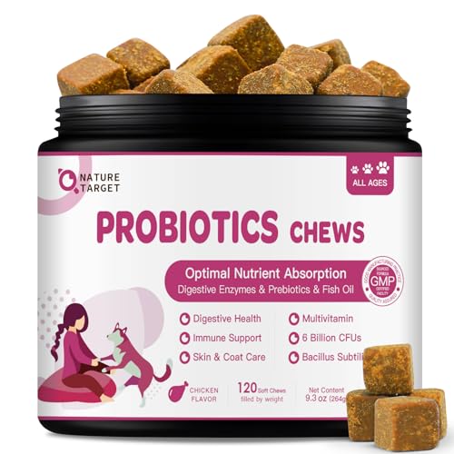 NATURE TARGET Probiotics for Dogs & Digestive Enzymes for Digestive Health - Plus Fish Oil & Vitamins Supplement for Allergies & Immune & Itchy Skin, 120 Chicken Flavor Probiotic Soft Chews - Image 1