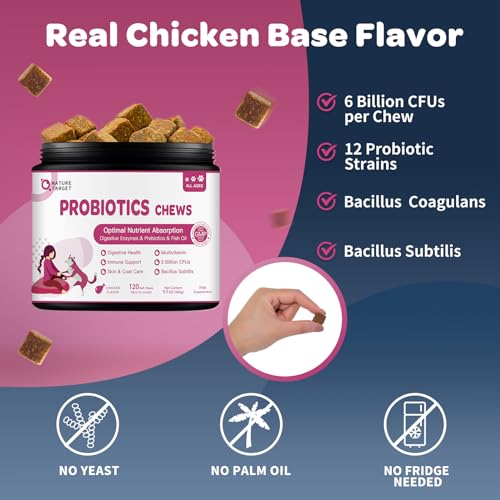 NATURE TARGET Probiotics for Dogs & Digestive Enzymes for Digestive Health - Plus Fish Oil & Vitamins Supplement for Allergies & Immune & Itchy Skin, 120 Chicken Flavor Probiotic Soft Chews - Image 4