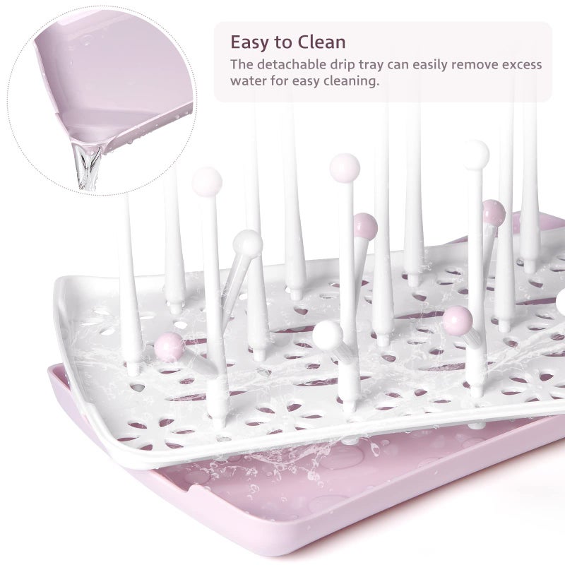 Termichy Baby Bottle Drying Rack, Large Capacity Baby Bottle Rack for Bottles, Dry Rack with Removable Water Tray(Pink) - Image 3