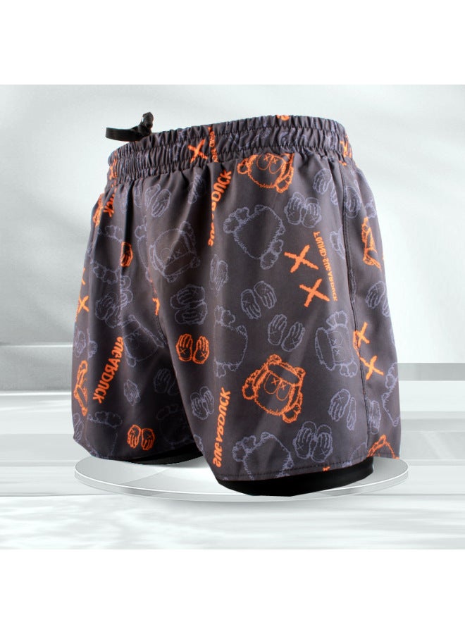 Loquat Men's Sports Swimming Trunks Summer 2023 Double-layer Quick-drying Anti-embarrassment Swimming Trunks Loose Breathable Printed Shorts-Color:Cross Dark Seal 3602-6- - Image 2