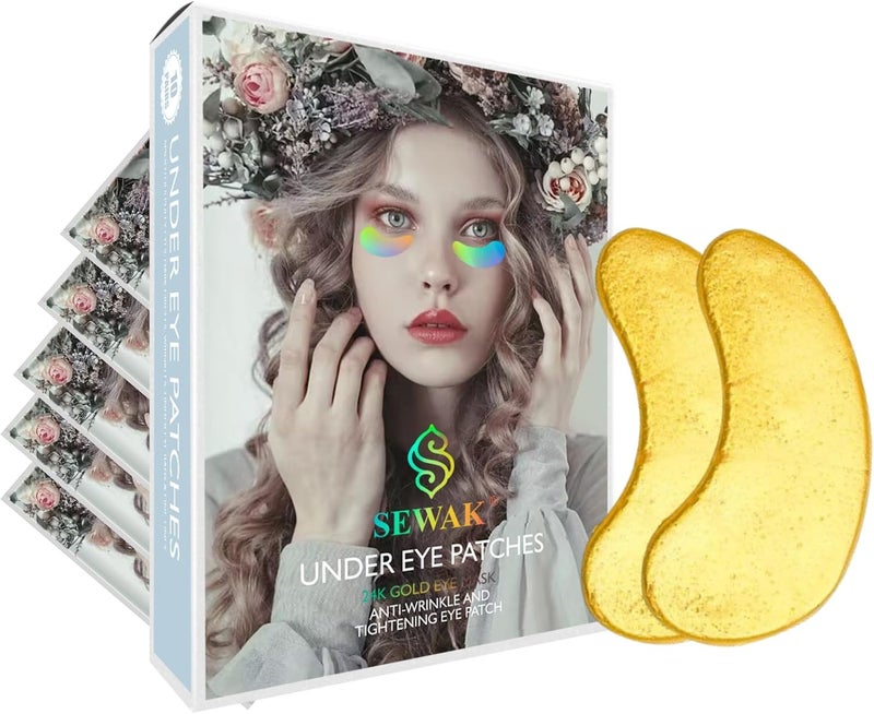SEWAK Under Eye Gel Patches 20 Pcs 10 Pairs 24K Gold Under Eye Masks for Puffy Eyes Anti Wrinkle Dark Circles Skincare Dry Fine Lines Hydrating Soothing