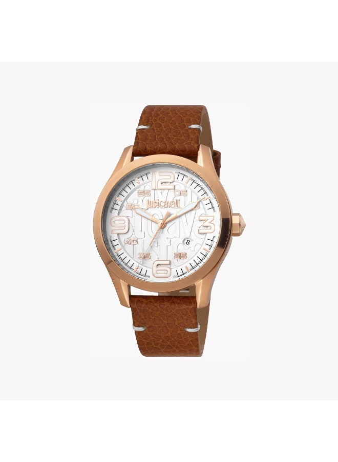 جاست كافالي ساعة Just Cavalli الرجالية موديل JC1G108L0045 بتصميم أنيق باللون الروز جولد مع سوار من الجلد البني، تجمع بين الفخامة والطابع الكلاسيكي. - Image 1