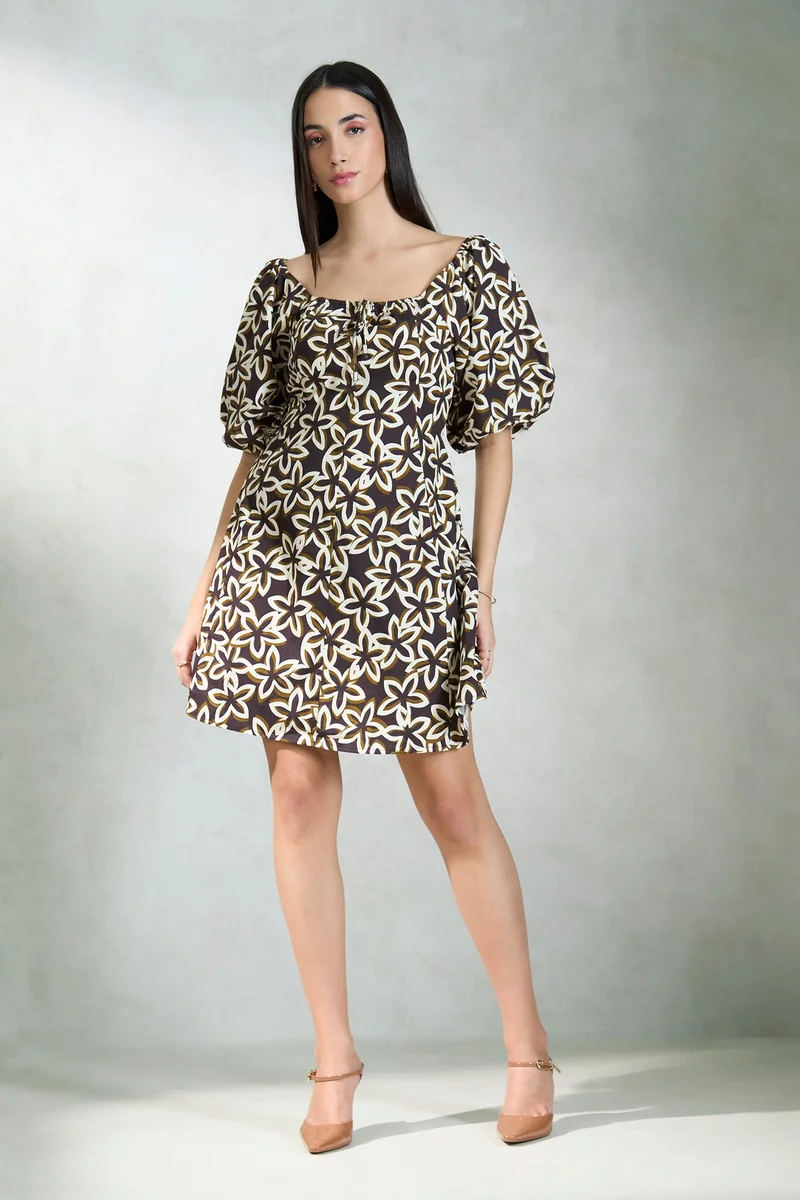 فيرجيو Floral Cotton Brown Floral Square Neck Dress for Women