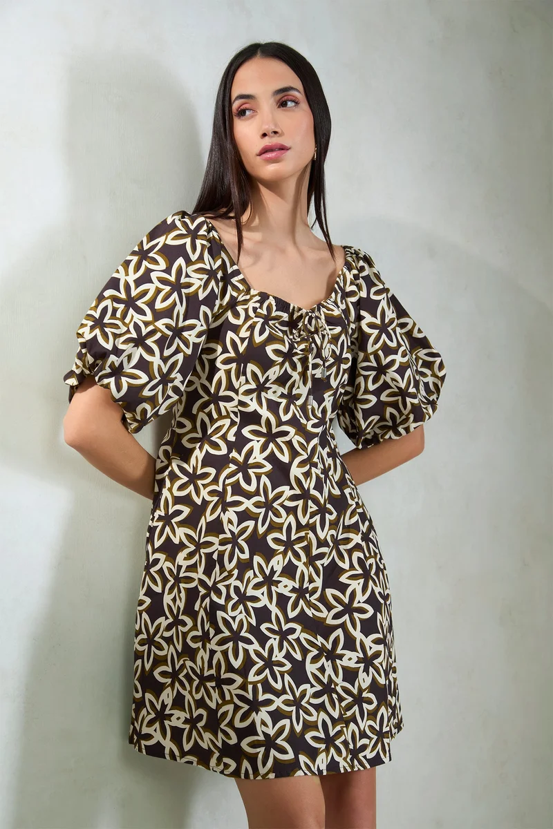 فيرجيو Floral Cotton Brown Floral Square Neck Dress for Women