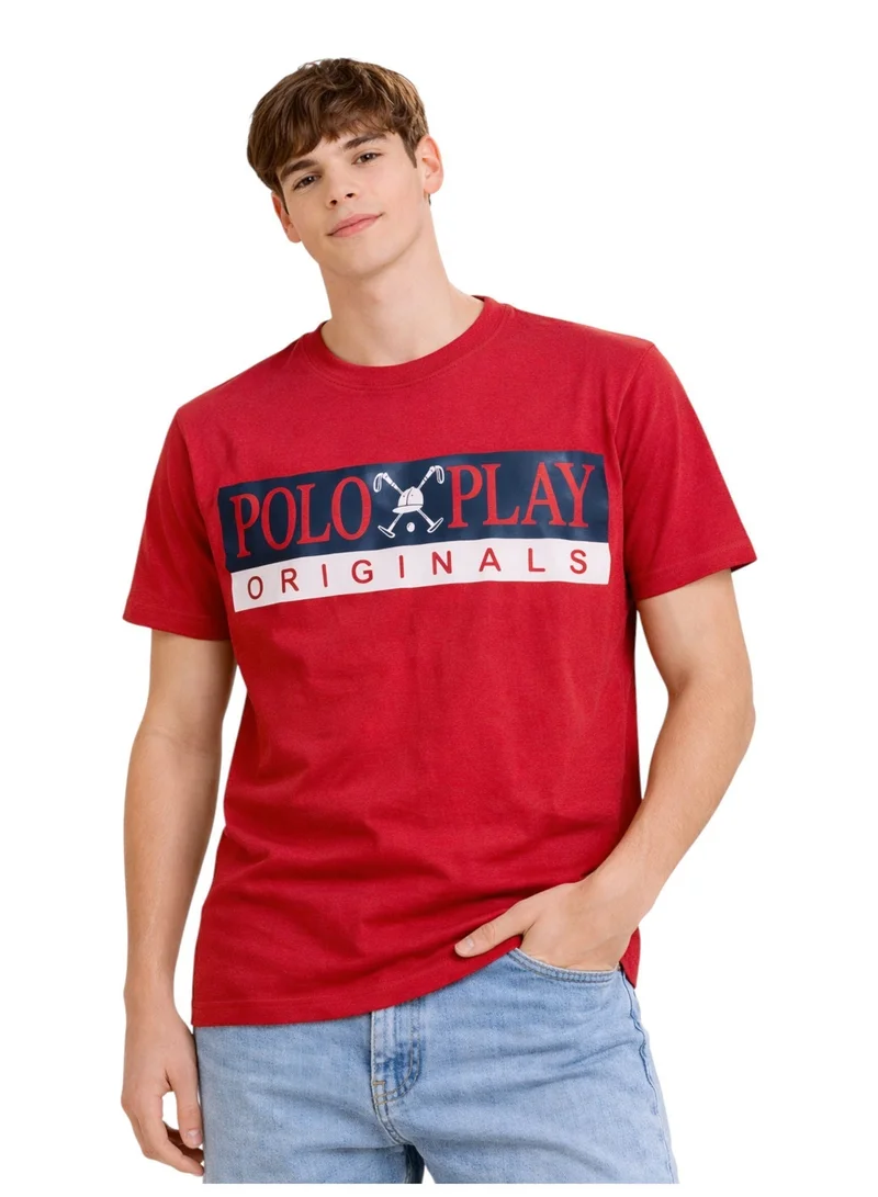 لعب البولو تيشيرت رجالي مطبوع - أحمر