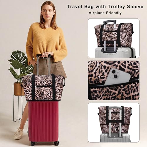 HAWEE Expandable Duffel Bag for Women with Trolley Sleeve and Wet Pocket Water Repellent Weekender Travel Tote Large Capacity Carry On Overnight Luggage Leopard - Image 3