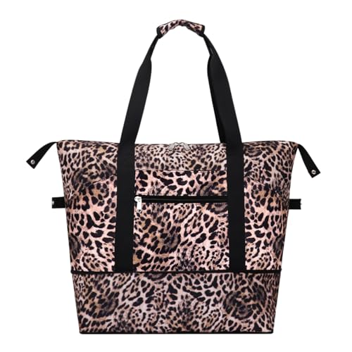 HAWEE Expandable Duffel Bag for Women with Trolley Sleeve and Wet Pocket Water Repellent Weekender Travel Tote Large Capacity Carry On Overnight Luggage Leopard - Image 1