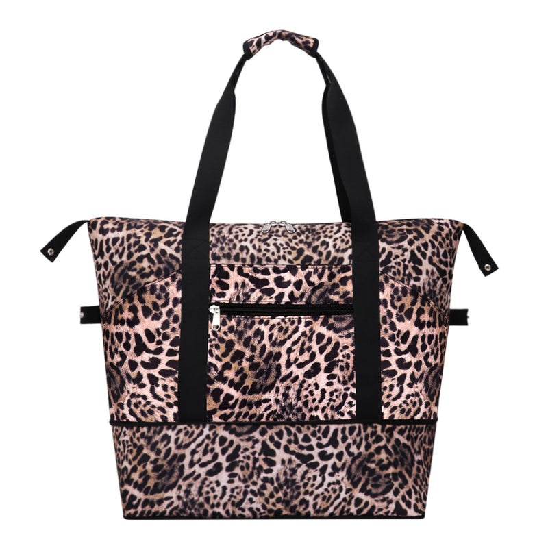 HAWEE Expandable Duffel Bag for Women with Trolley Sleeve and Wet Pocket Water Repellent Weekender Travel Tote Large Capacity Carry On Overnight Luggage Leopard - Image 2