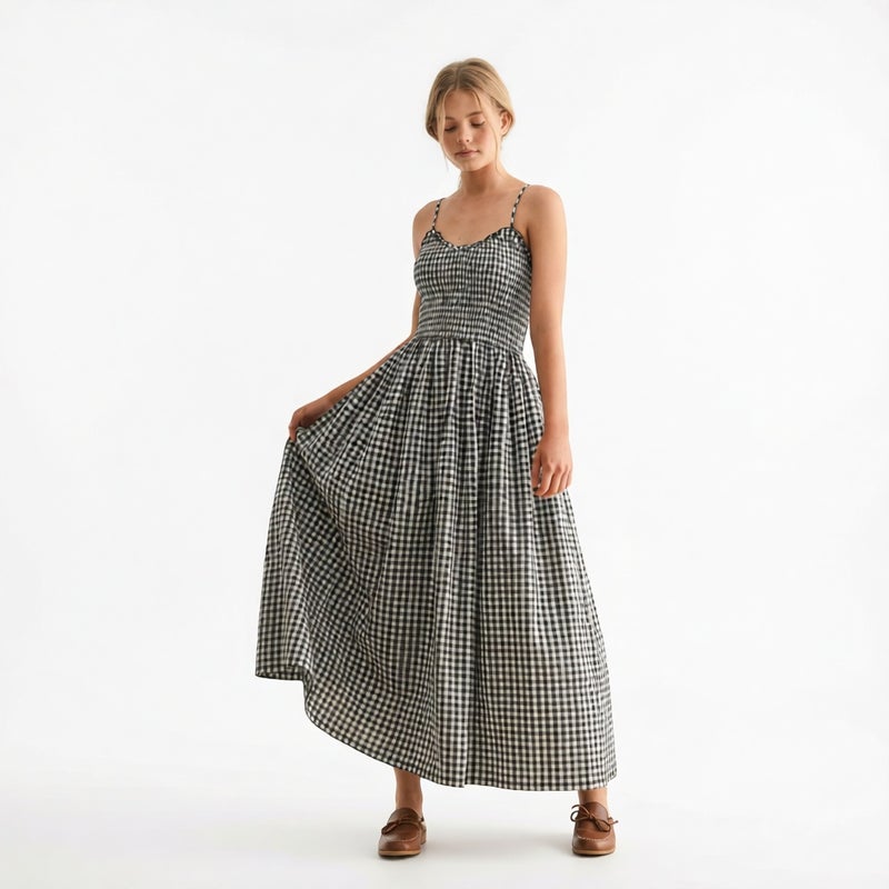 Retro Plaid A-Line Dress with Adjustable Straps and Waist Cinching - Image 1