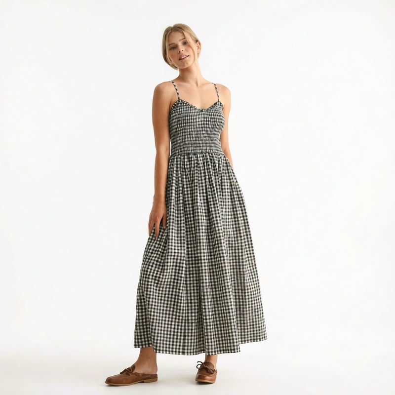 Retro Plaid A-Line Dress with Adjustable Straps and Waist Cinching - Image 3