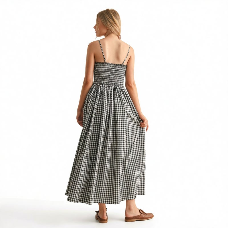 Retro Plaid A-Line Dress with Adjustable Straps and Waist Cinching - Image 2