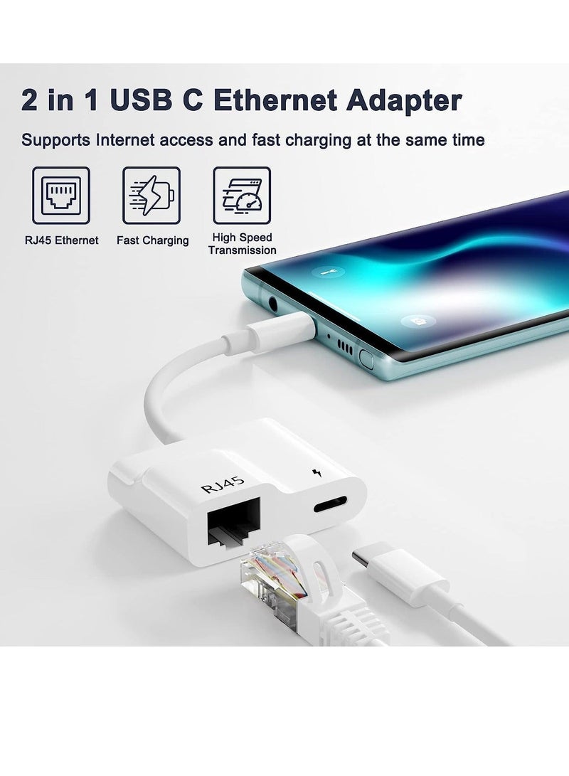Captaintech USB C to Ethernet Adapter 2 in 1 USB C to RJ45 Adapter with 60W PD Type-C Charge Port Supports 10/100Mbps Ethernet Network Compatible for Android iPad Pro Mac Galaxy and More USB C Devices - Image 2