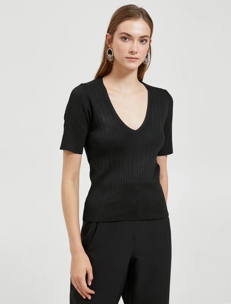 كوتون Short Sleeve Knitwear Sweater V-Neck Ribbed