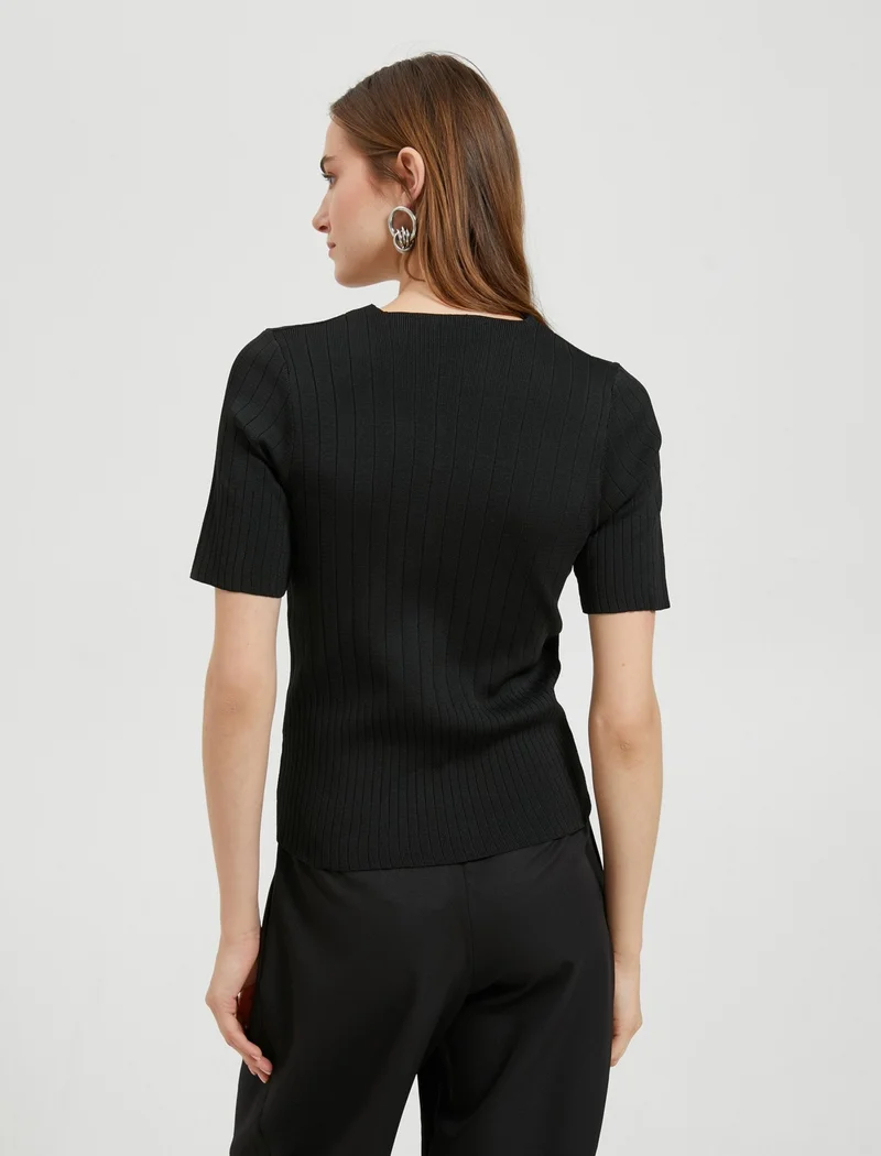 كوتون Short Sleeve Knitwear Sweater V-Neck Ribbed