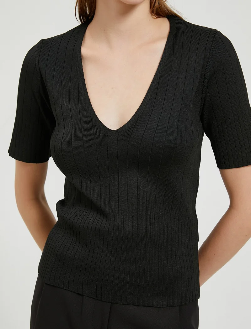 كوتون Short Sleeve Knitwear Sweater V-Neck Ribbed
