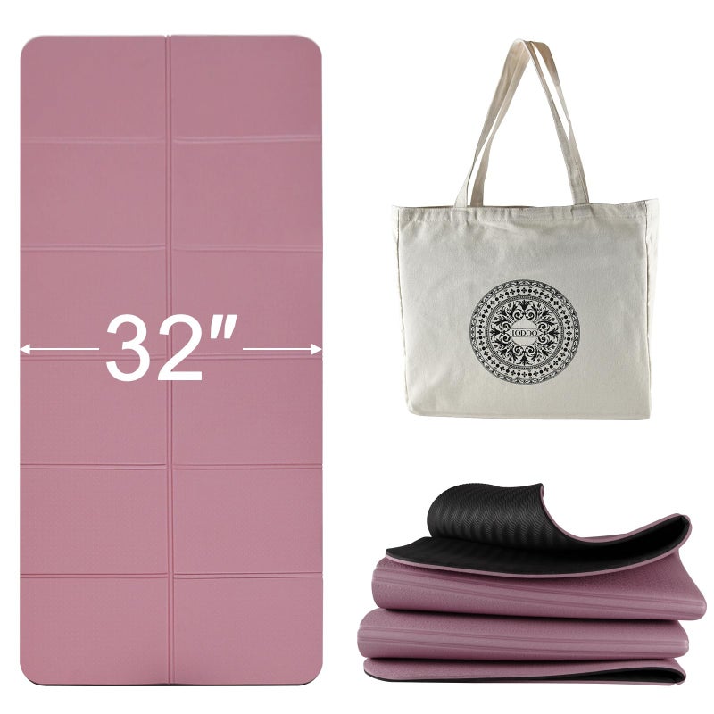 iodoo Foldable Yoga Mat 72" L x 32" W x 0.32 Inch Extra Thicked and Wided, Folding Yoga Mat for Travel with Canvas Carrying Bag, Non-Slip TPE Exercise Pilates Mat (Black-Pink) - Image 1