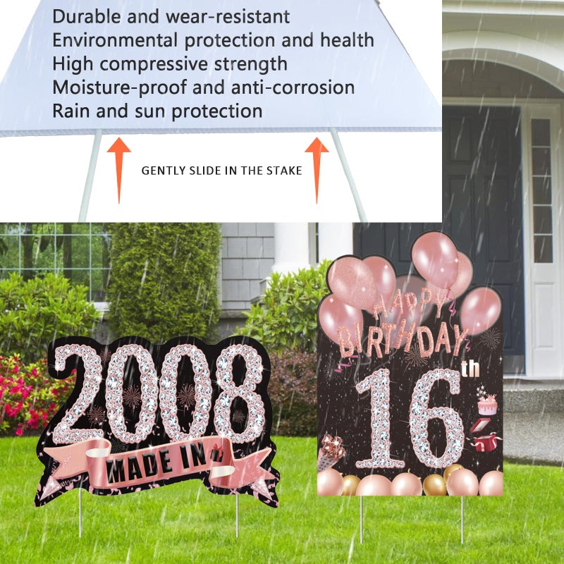 Zeptrix 2Pcs Birthday Yard Signs Sweet 16Th Party Decorations For Girls Happy 16 Birthday Yard Sign Made In 2008 Lawn Signs Party Supplies With Stakes Weatherproof Outdoor Sixteen Years Old Birthday Decor - Image 3
