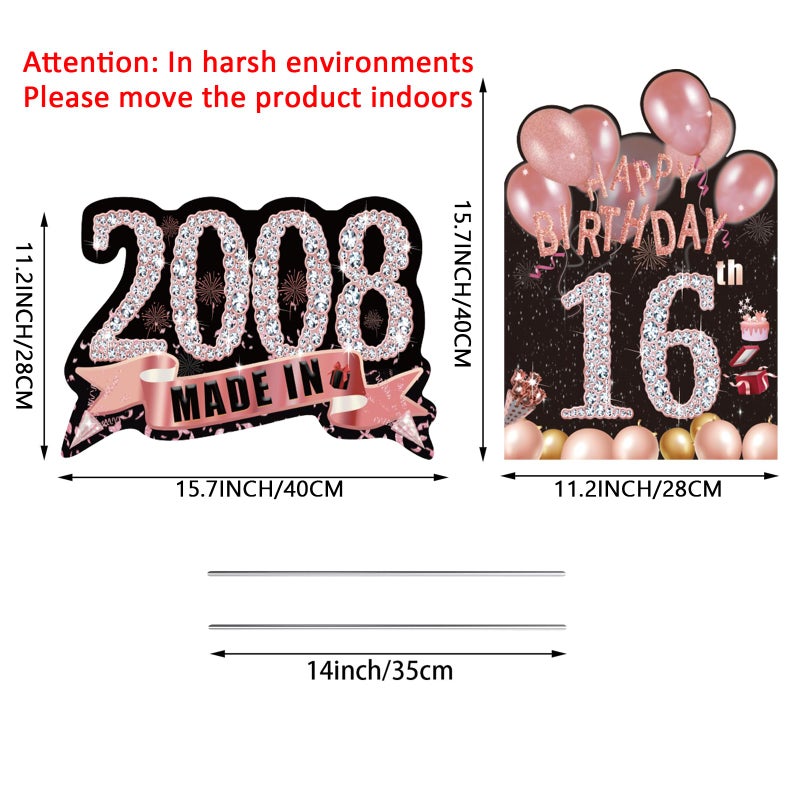 Zeptrix 2Pcs Birthday Yard Signs Sweet 16Th Party Decorations For Girls Happy 16 Birthday Yard Sign Made In 2008 Lawn Signs Party Supplies With Stakes Weatherproof Outdoor Sixteen Years Old Birthday Decor - Image 2