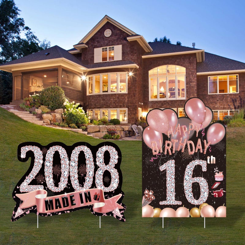 Zeptrix 2Pcs Birthday Yard Signs Sweet 16Th Party Decorations For Girls Happy 16 Birthday Yard Sign Made In 2008 Lawn Signs Party Supplies With Stakes Weatherproof Outdoor Sixteen Years Old Birthday Decor - Image 1