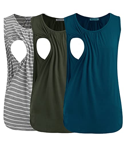 Smallshow Womens Maternity Nursing Tank Tops Breastfeeding Clothes 3Pack Medium Army GreenTealLight Grey Stripe