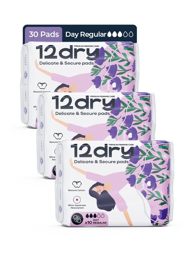 12dry Ultra-Thin Sanitary Pads, 3 Packs × 10 (Total 30 Pads, 245mm) – Super Absorbent, Leak-Proof, Odor & Bacteria Protection, Soft & Breathable with AirCool Technology, FDA & FSC Certified - Image 1