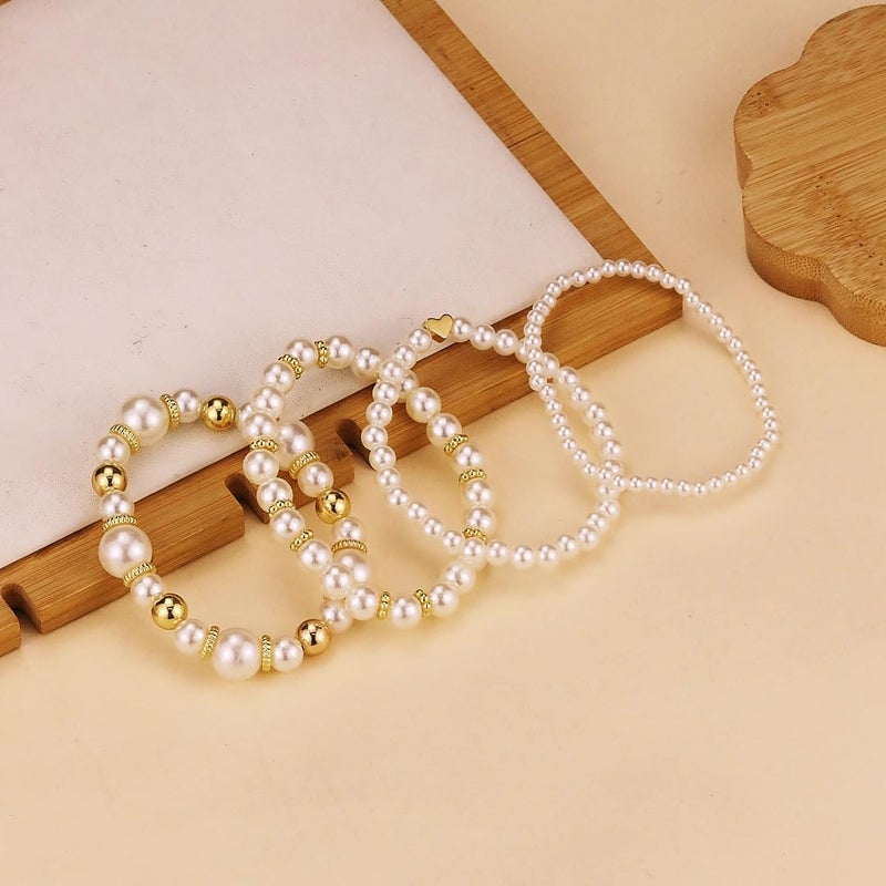 Hremhoo Pearl Bracelets for Women Simulated Pearl Beaded Bracelet White Pearls Stackable Stretch Bracelet Set Multilayered Elastic Pearls Bracelets for Women Bridesmaid Bridal Jewelry (Gold) - Image 5