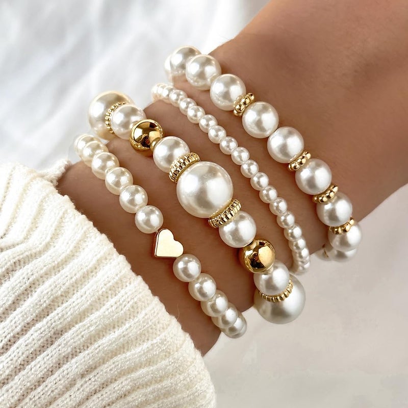 Hremhoo Pearl Bracelets for Women Simulated Pearl Beaded Bracelet White Pearls Stackable Stretch Bracelet Set Multilayered Elastic Pearls Bracelets for Women Bridesmaid Bridal Jewelry (Gold) - Image 3