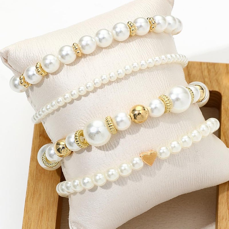 Hremhoo Pearl Bracelets for Women Simulated Pearl Beaded Bracelet White Pearls Stackable Stretch Bracelet Set Multilayered Elastic Pearls Bracelets for Women Bridesmaid Bridal Jewelry (Gold) - Image 4